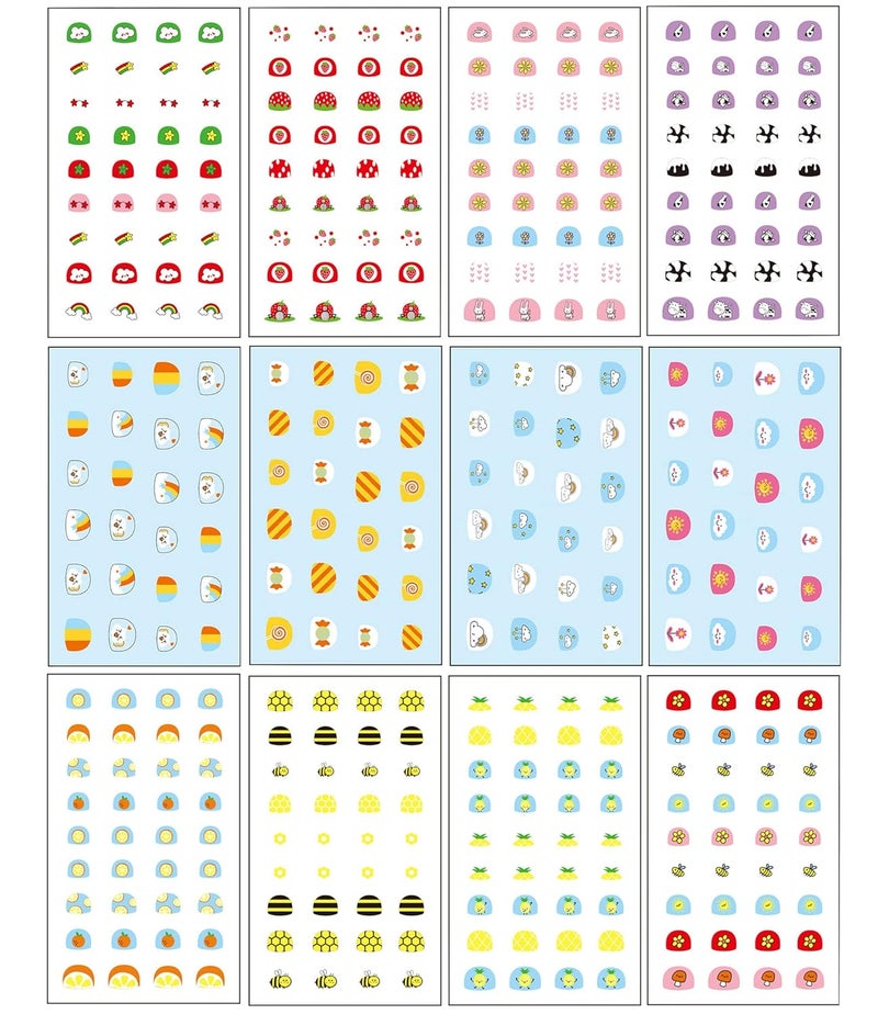 IHUKEIT Little Kids Nail Stickers Full Nail Wraps Self Adhesive Nail Polish Decals for Kids Girls Nail Art Decoration Fun Including Rainbow Flower Cow Fruit Food Star Cloud Bee for Age 3 4 5 6 7 8(Pack of 12) - Image 1
